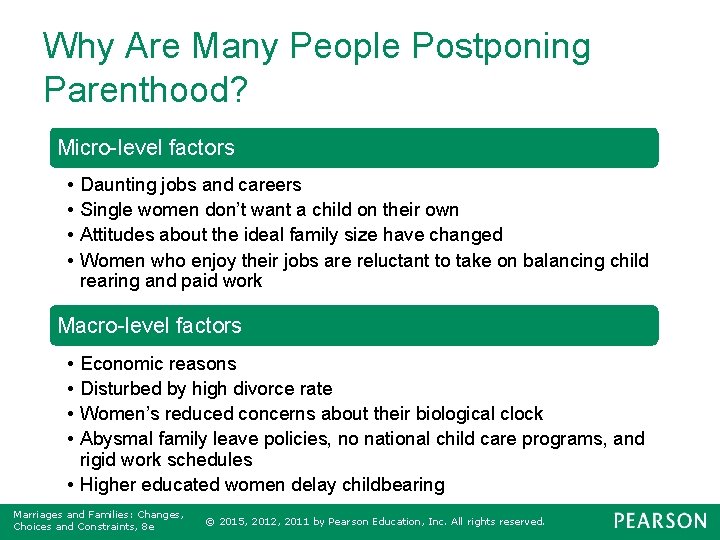 Why Are Many People Postponing Parenthood? Micro-level factors • • Daunting jobs and careers