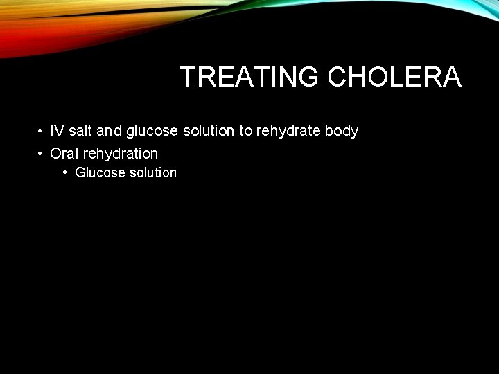 TREATING CHOLERA • IV salt and glucose solution to rehydrate body • Oral rehydration