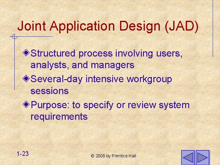 Joint Application Design (JAD) Structured process involving users, analysts, and managers Several-day intensive workgroup