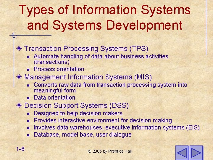 Types of Information Systems and Systems Development Transaction Processing Systems (TPS) n n Automate