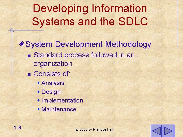 Developing Information Systems and the SDLC System Development Methodology n n Standard process followed