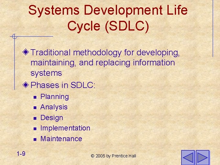 Systems Development Life Cycle (SDLC) Traditional methodology for developing, maintaining, and replacing information systems