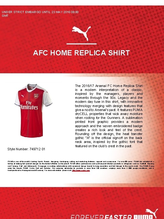 UNDER STRICT EMBARGO UNTIL 23 MAY 2016 08. 00 GMT AFC HOME REPLICA SHIRT