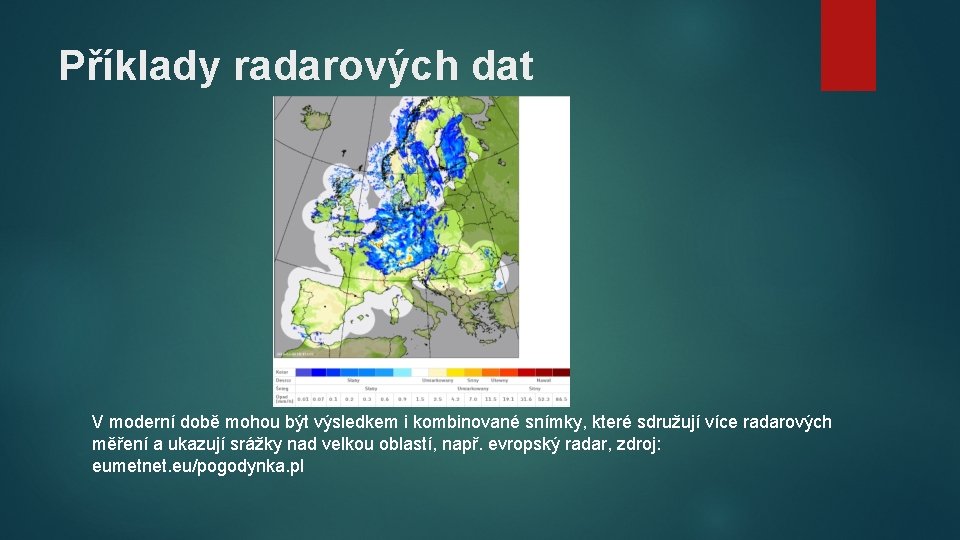 Příklady radarových dat V moderní době mohou být výsledkem i kombinované snímky, které sdružují