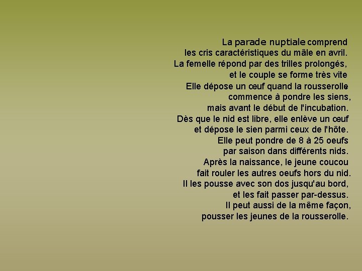 La parade nuptiale comprend les cris caractéristiques du mâle en avril. La femelle répond