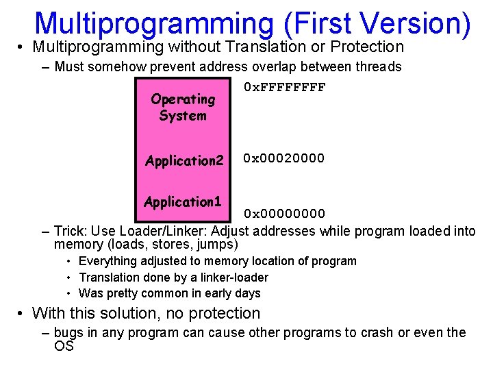 Multiprogramming (First Version) • Multiprogramming without Translation or Protection – Must somehow prevent address
