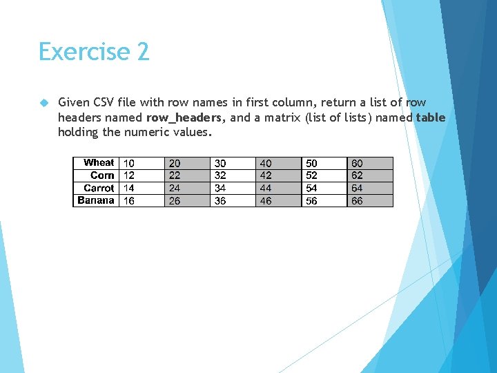 Exercise 2 Given CSV file with row names in first column, return a list