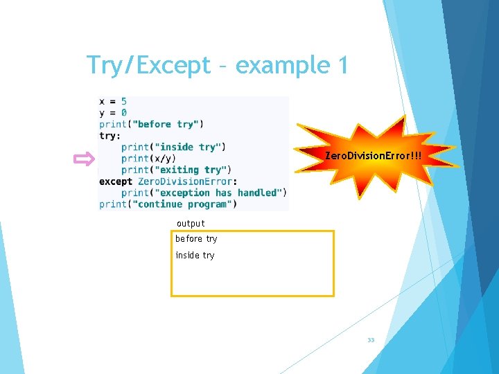 Try/Except – example 1 Zero. Division. Error!!! output before try inside try 33 