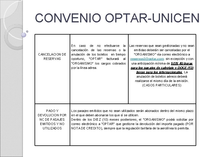 CONVENIO OPTAR-UNICEN CANCELACION DE RESERVAS En caso de no efectuarse la cancelación de las