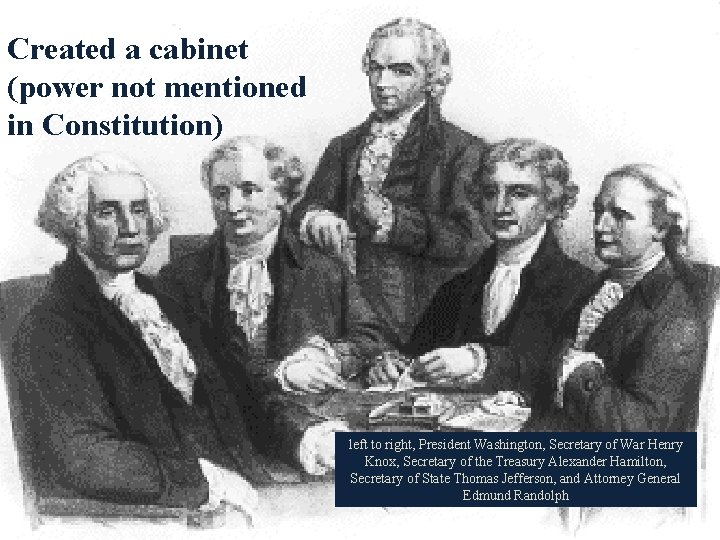 Created a cabinet (power not mentioned in Constitution) left to right, President Washington, Secretary