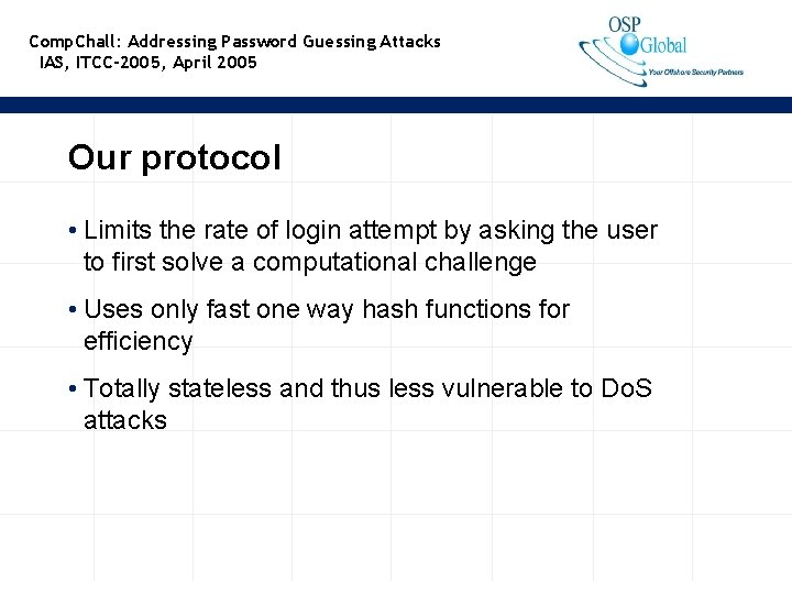 Comp. Chall: Addressing Password Guessing Attacks IAS, ITCC-2005, April 2005 Our protocol • Limits