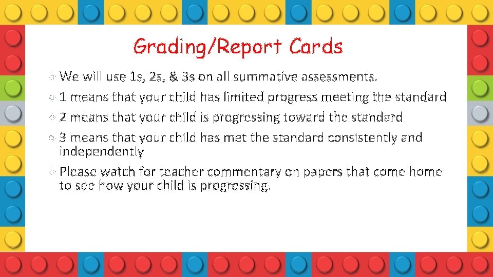 Grading/Report Cards We will use 1 s, 2 s, & 3 s on all