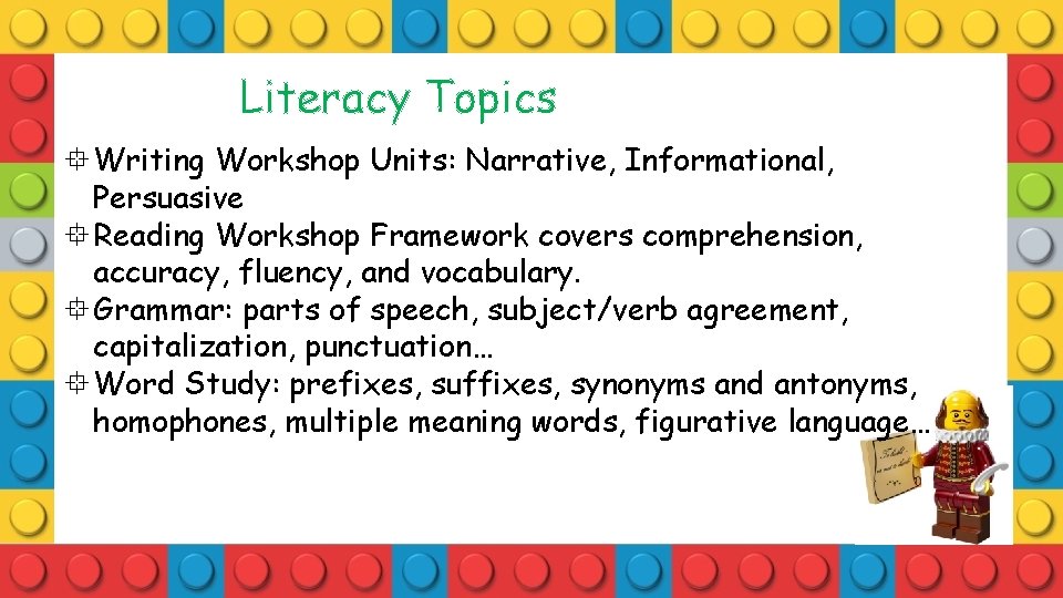 Literacy Topics Writing Workshop Units: Narrative, Informational, Persuasive Reading Workshop Framework covers comprehension, accuracy,
