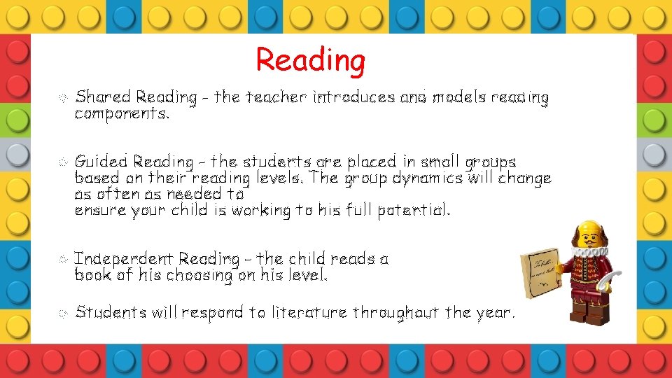 Reading Shared Reading - the teacher introduces and models reading components. Guided Reading -