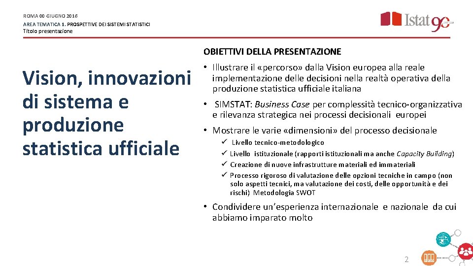 ROMA 00 GIUGNO 2016 AREA TEMATICA 1. PROSPETTIVE DEI SISTEMI STATISTICI Titolo presentazione OBIETTIVI