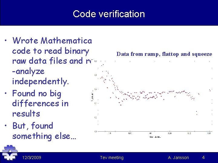 Code verification • Wrote Mathematica code to read binary raw data files and re