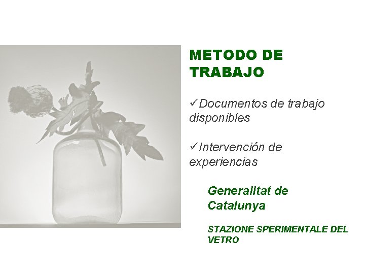 METODO DE TRABAJO üDocumentos de trabajo disponibles üIntervención de experiencias Generalitat de Catalunya STAZIONE