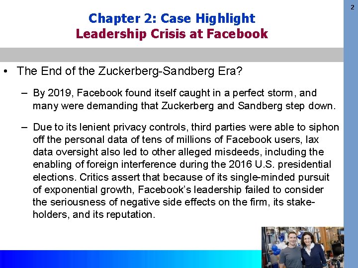 Chapter 2: Case Highlight Leadership Crisis at Facebook • The End of the Zuckerberg-Sandberg