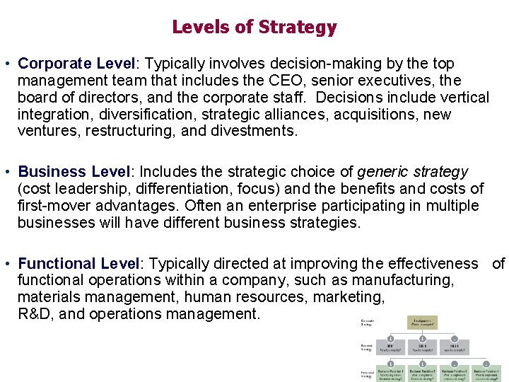 Levels of Strategy • Corporate Level: Typically involves decision-making by the top management team