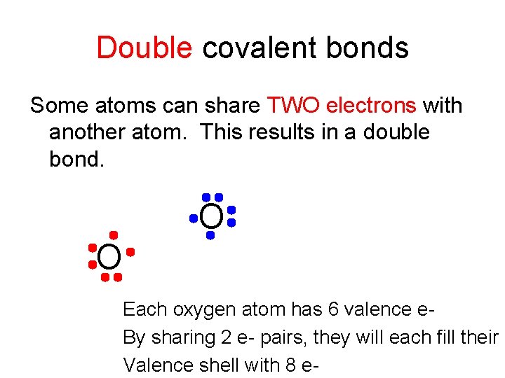 Double covalent bonds Some atoms can share TWO electrons with another atom. This results Double covalent bonds Some atoms can share TWO electrons with another atom. This results