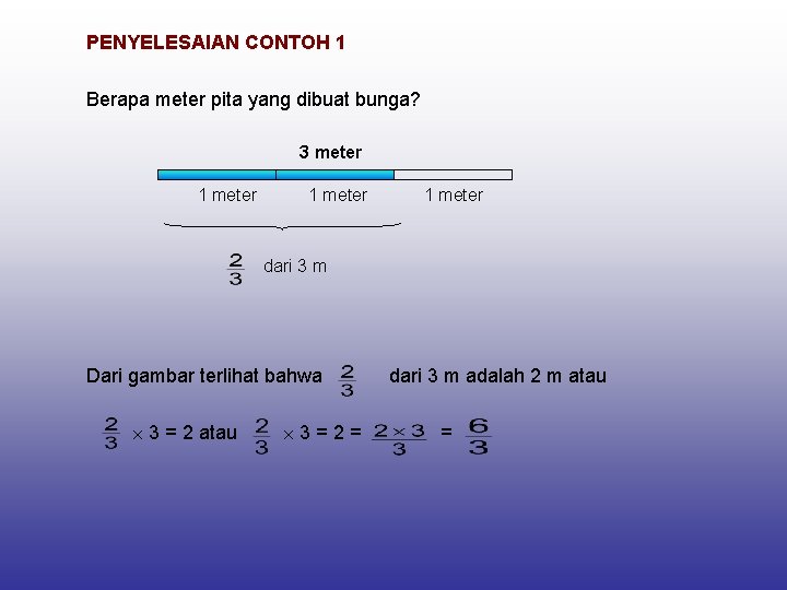 PENYELESAIAN CONTOH 1 Berapa meter pita yang dibuat bunga? 3 meter 1 meter dari