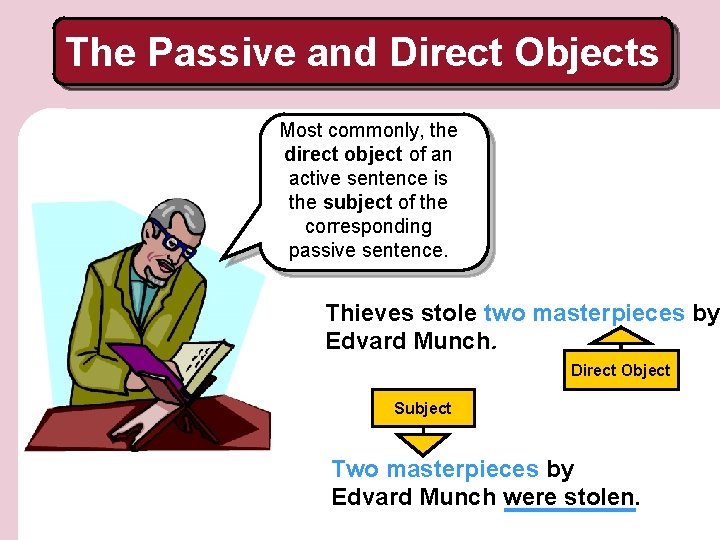 The Passive and Direct Objects Most commonly, the direct object of an active sentence