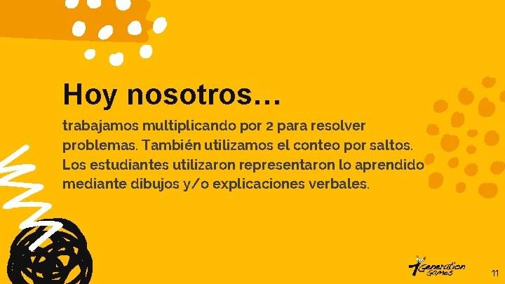 Hoy nosotros… trabajamos multiplicando por 2 para resolver problemas. También utilizamos el conteo por