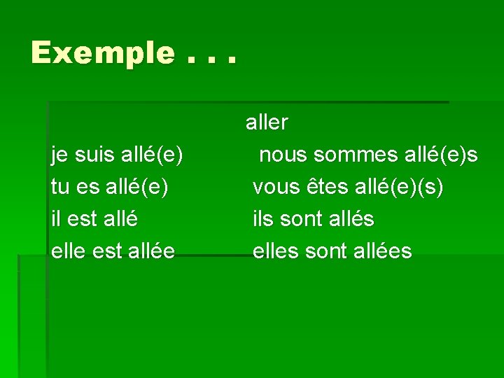 Exemple. . . je suis allé(e) tu es allé(e) il est allé elle est