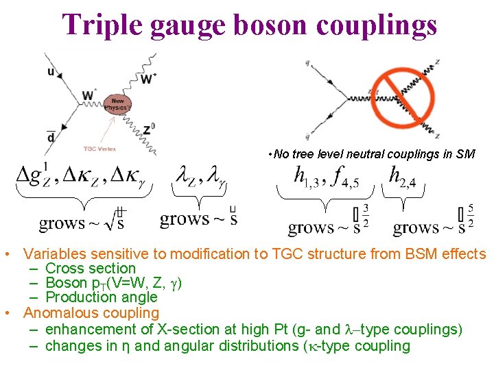 Triple gauge boson couplings • No tree level neutral couplings in SM • Variables