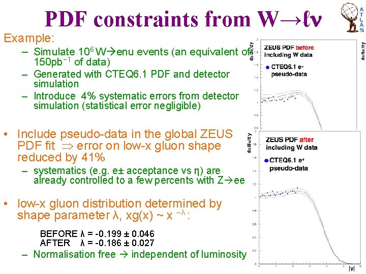 PDF constraints from W→ℓ Example: – Simulate 106 W enu events (an equivalent of