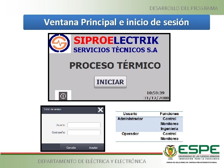 DESARROLLO DEL PROGRAMA Ventana Principal e inicio de sesión DEPARTAMENTO DE ELÉCTRICA Y ELECTRÓNICA