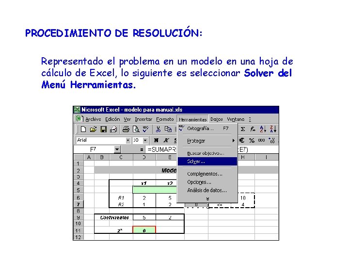 PROCEDIMIENTO DE RESOLUCIÓN: Representado el problema en un modelo en una hoja de cálculo