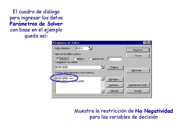 El cuadro de diálogo para ingresar los datos Parámetros de Solver con base en