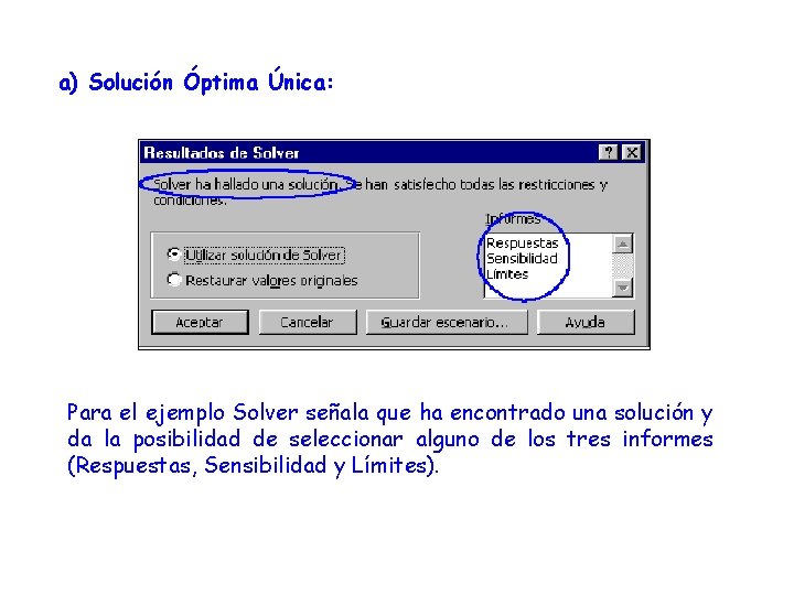 a) Solución Óptima Única: Para el ejemplo Solver señala que ha encontrado una solución