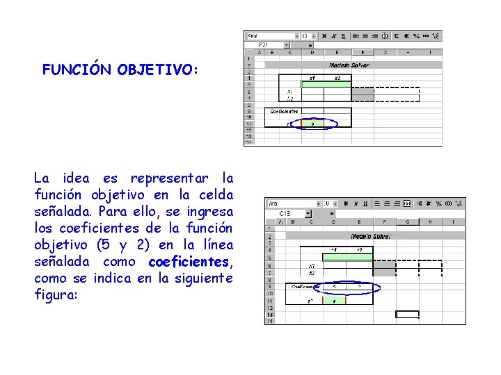 FUNCIÓN OBJETIVO: La idea es representar la función objetivo en la celda señalada. Para