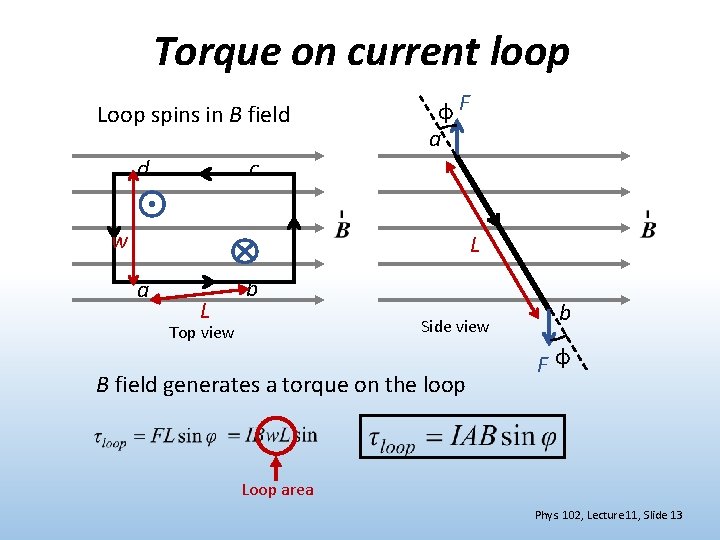 Torque on current loop Loop spins in B field d φF a c w