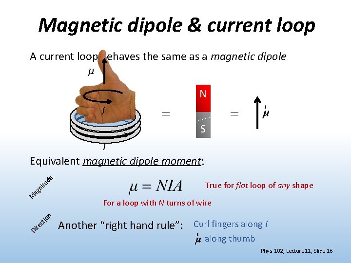 Magnetic dipole & current loop A current loop behaves the same as a magnetic