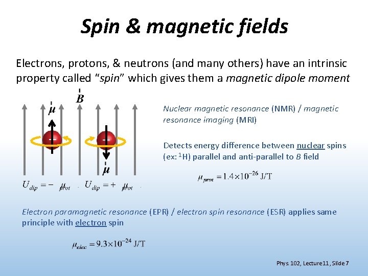 Spin & magnetic fields Electrons, protons, & neutrons (and many others) have an intrinsic