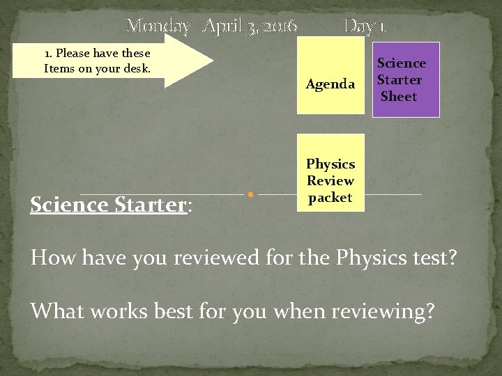 Monday April 3, 2016 1. Please have these Items on your desk. Science Starter: