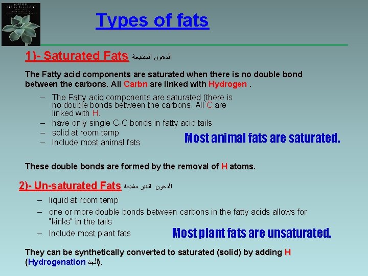 Types of fats 1)- Saturated Fats ﺍﻟﺪﻫﻮﻥ ﺍﻟﻤﺸﺒﻌﺔ The Fatty acid components are saturated