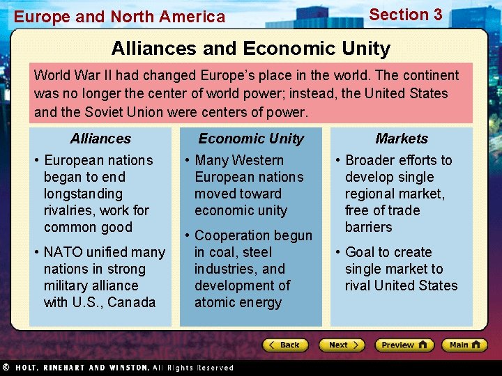 Europe and North America Section 3 Alliances and Economic Unity World War II had