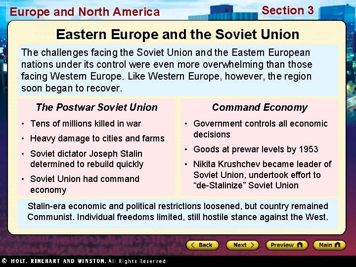 Europe and North America Section 3 Eastern Europe and the Soviet Union The challenges
