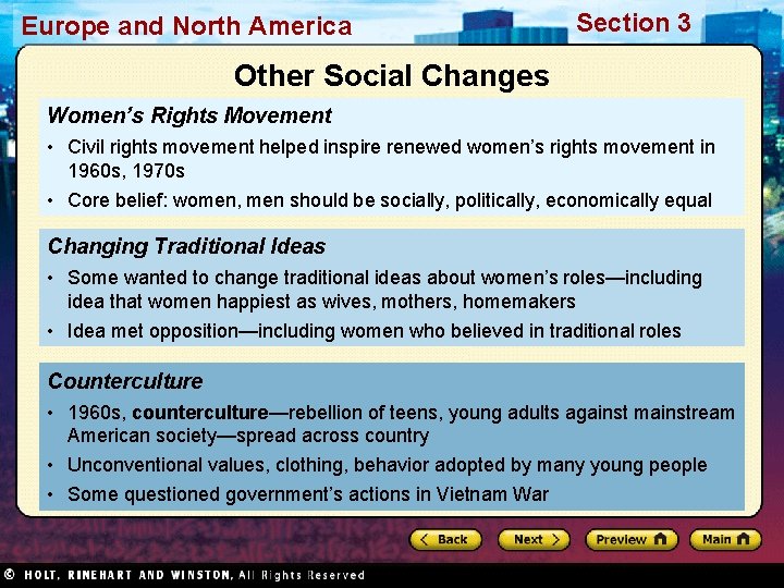 Europe and North America Section 3 Other Social Changes Women’s Rights Movement • Civil