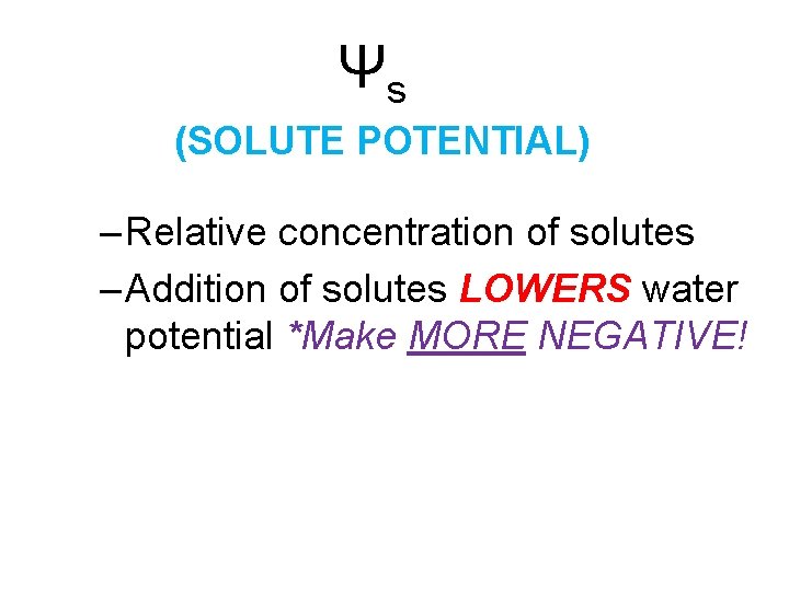 Ψs (SOLUTE POTENTIAL) – Relative concentration of solutes – Addition of solutes LOWERS water