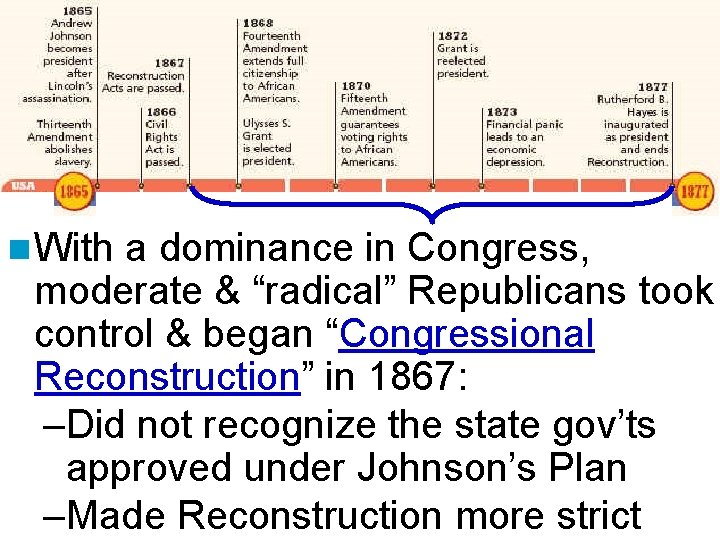 n With a dominance in Congress, moderate & “radical” Republicans took control & began