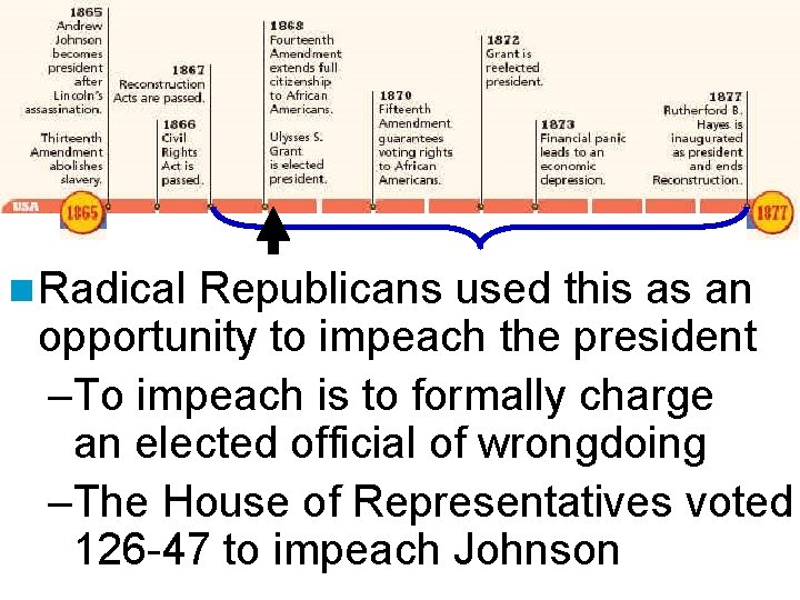 n Radical Republicans used this as an opportunity to impeach the president –To impeach