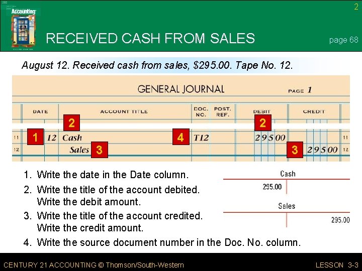 2 RECEIVED CASH FROM SALES page 68 August 12. Received cash from sales, $295.