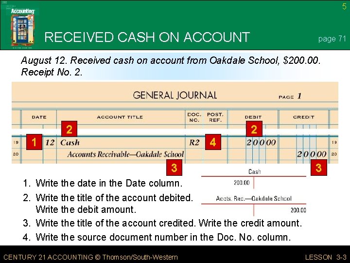 5 RECEIVED CASH ON ACCOUNT page 71 August 12. Received cash on account from