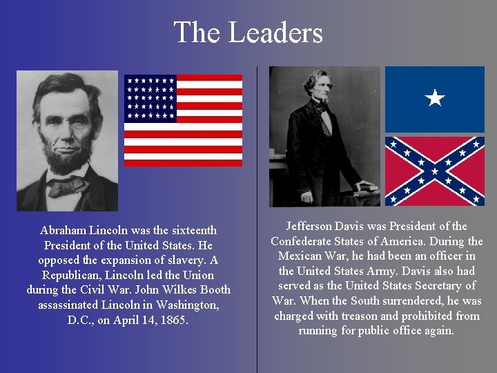 The Leaders Abraham Lincoln was the sixteenth President of the United States. He opposed