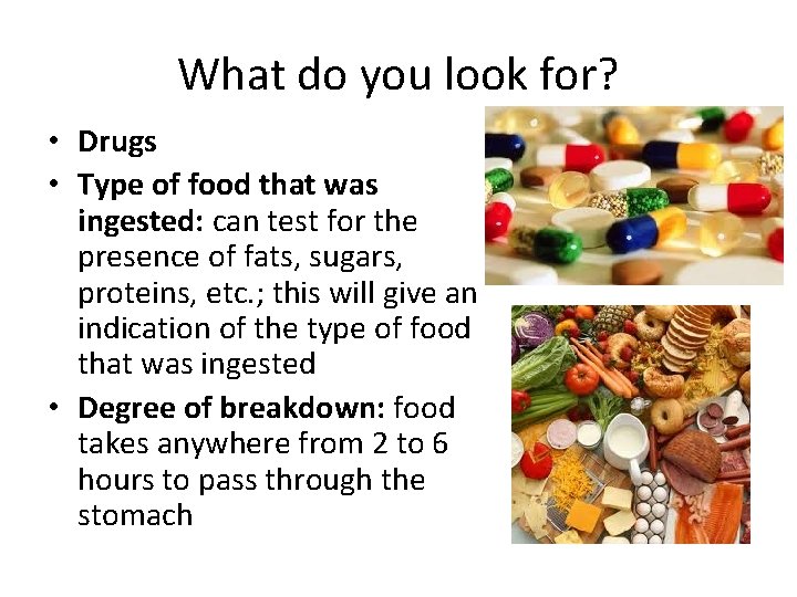 What do you look for? • Drugs • Type of food that was ingested: